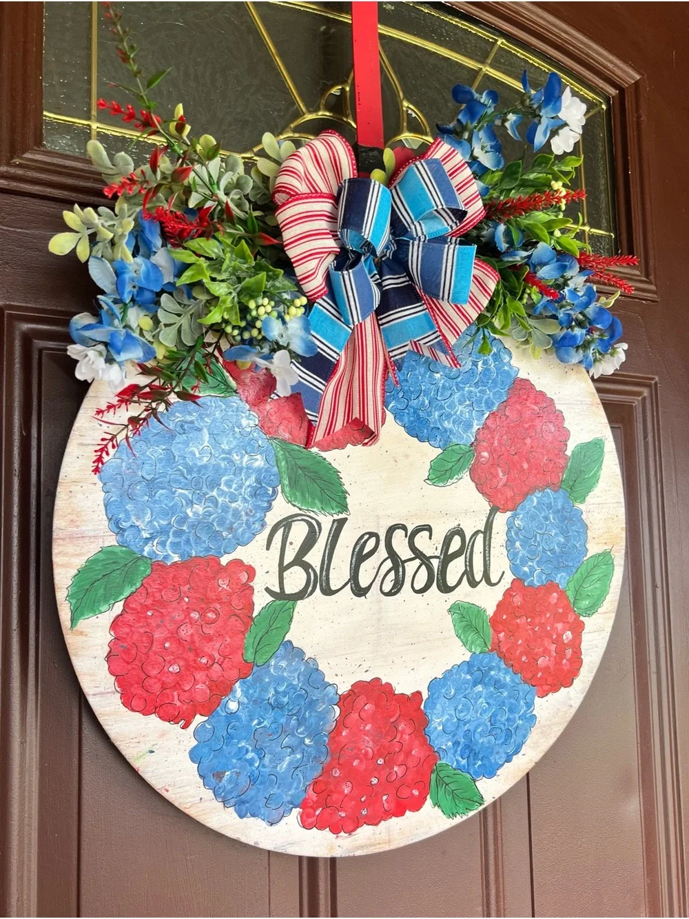 Blessed Floral Wreath Door Sign - Red & Blue